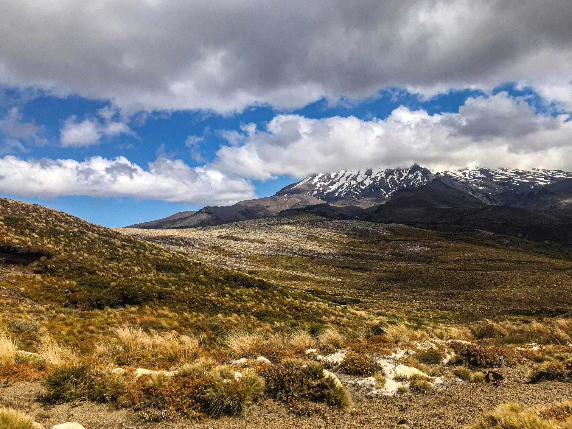 Paesaggio montagnoso con cima innevata che domina una valle desertica cosparsa di vegetazione arbustiva sotto un cielo nuvoloso
