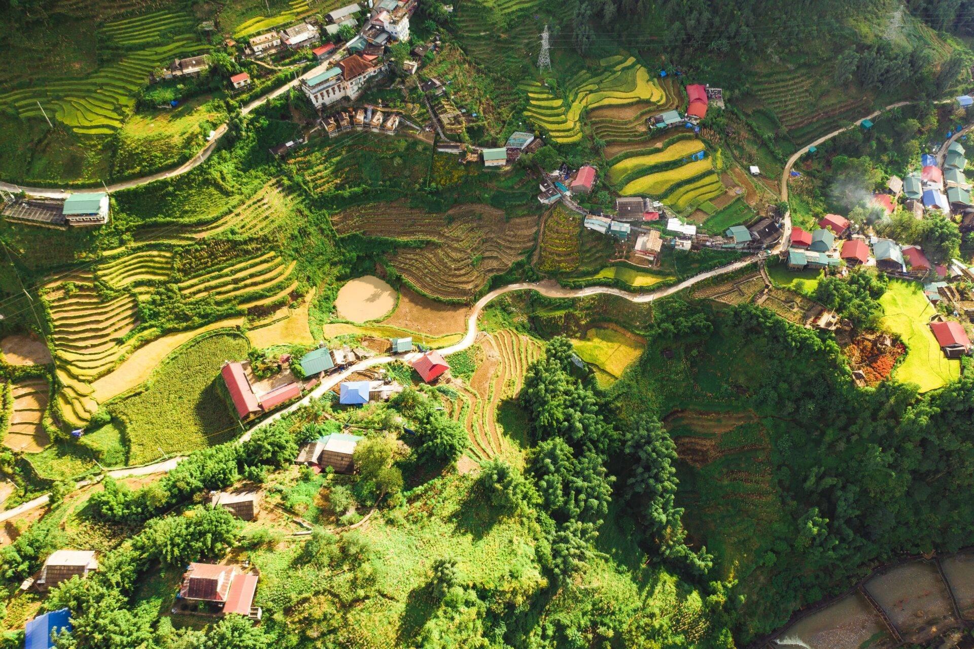 Vista aérea de terrazas de arroz escalonadas con aldeas dispersas y bosques densos en una región montañosa del Sudeste Asiático