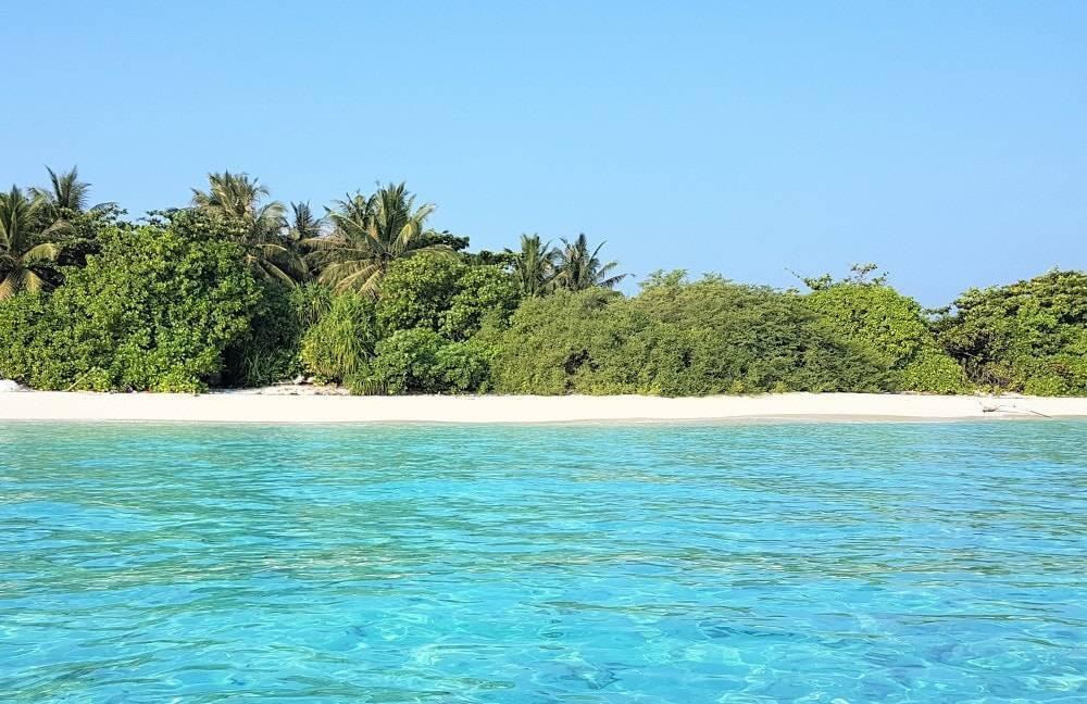 Spiaggia di sabbia bianca orlata di vegetazione tropicale e acqua turchese cristallina sotto un cielo sereno