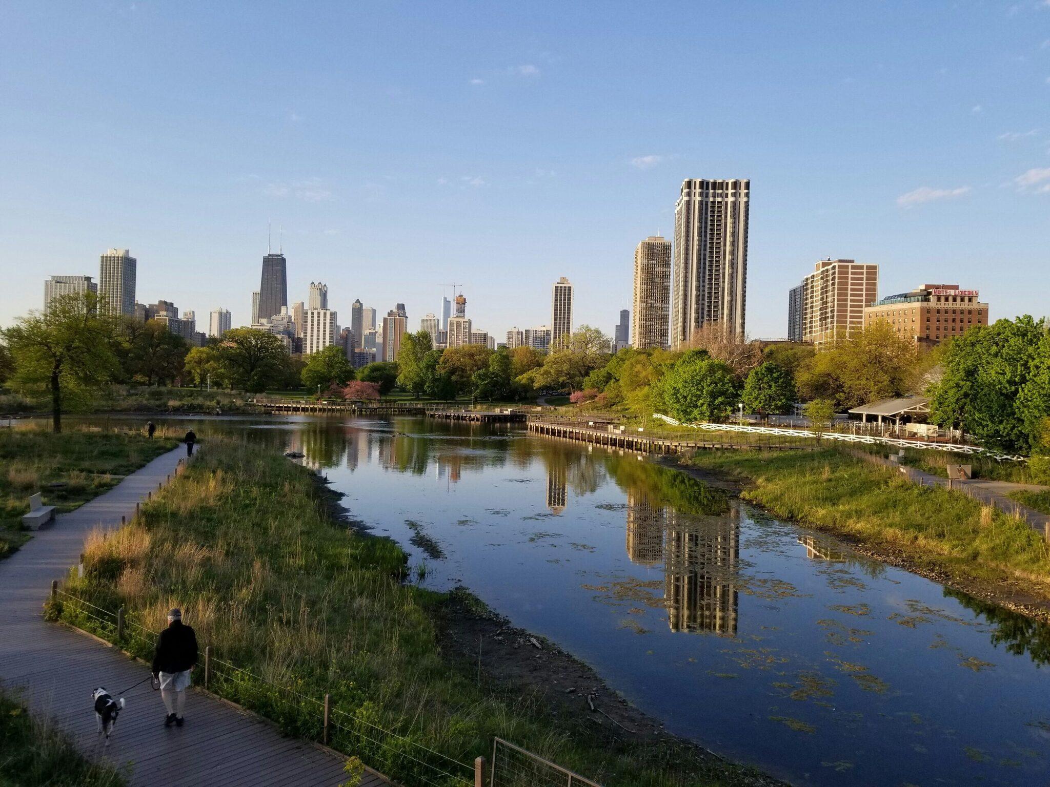 Blick auf die Skyline einer amerikanischen Großstadt von einer grünen Uferpromenade entlang eines ruhigen Flusses