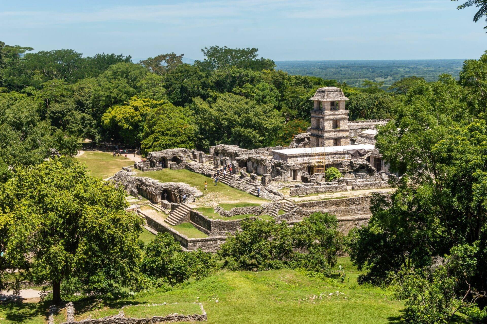 Maya-Ruinen umgeben von üppigem Dschungel mit erhaltenem Steinturm und Besuchern, die alte Bauwerke erkunden