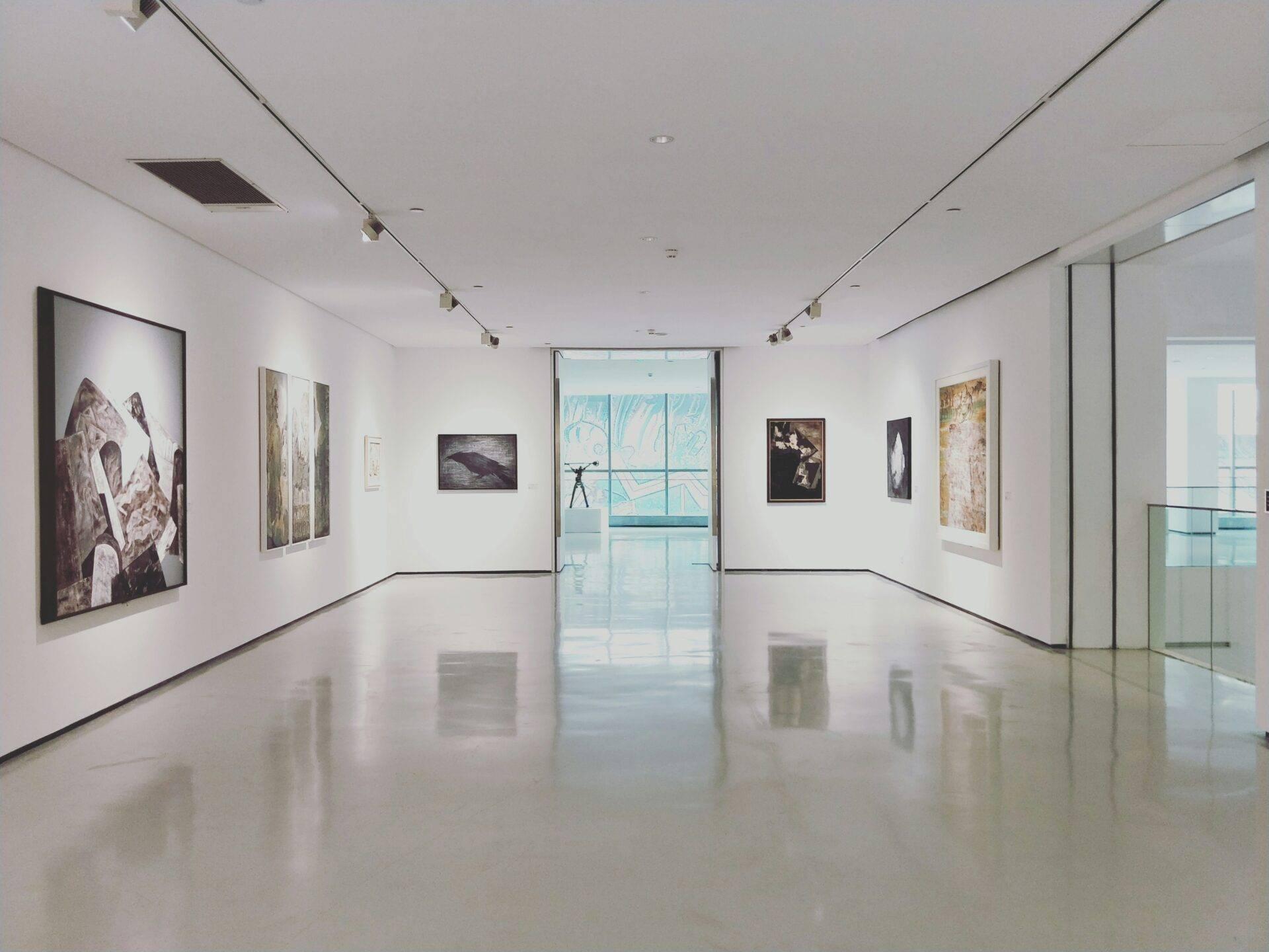 Empty modern art gallery with white walls displaying a variety of photographs and paintings