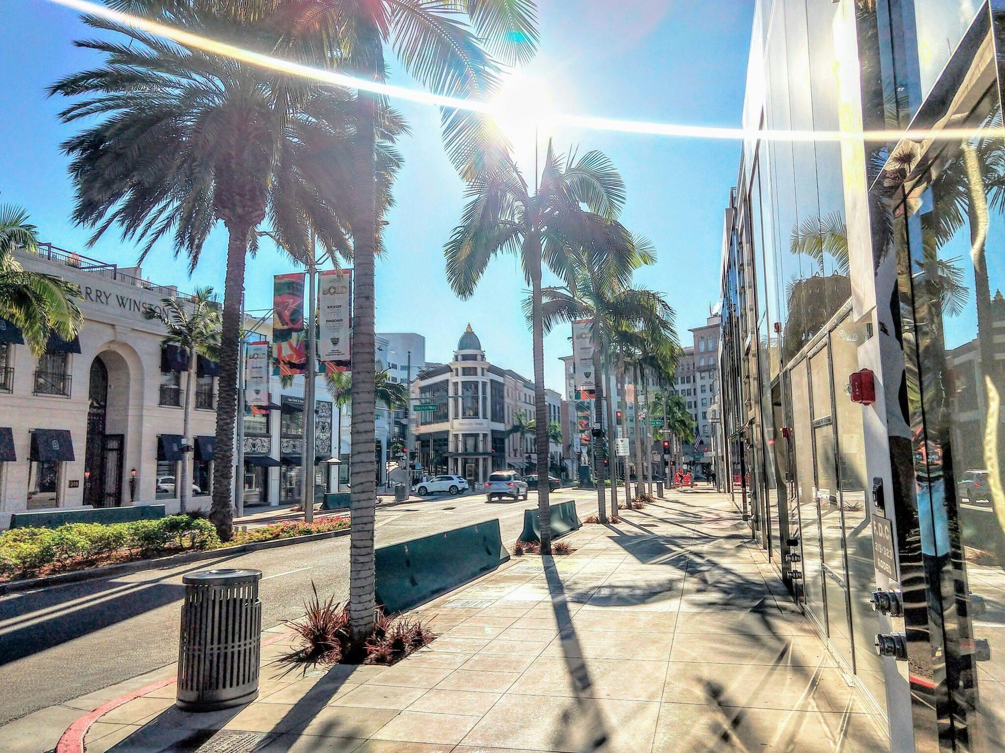 Una calle peatonal del centro con palmeras, edificios históricos y arquitectura urbana bajo un cielo despejado