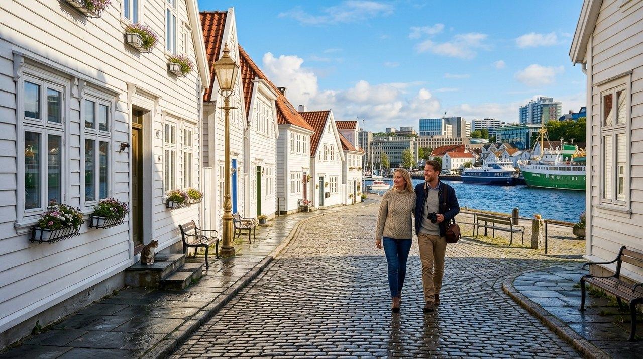 Zwei Personen spazieren durch eine gepflasterte Gasse, gesäumt von weißen Häusern mit roten Dächern, mit Blick auf einen Hafen mit Booten