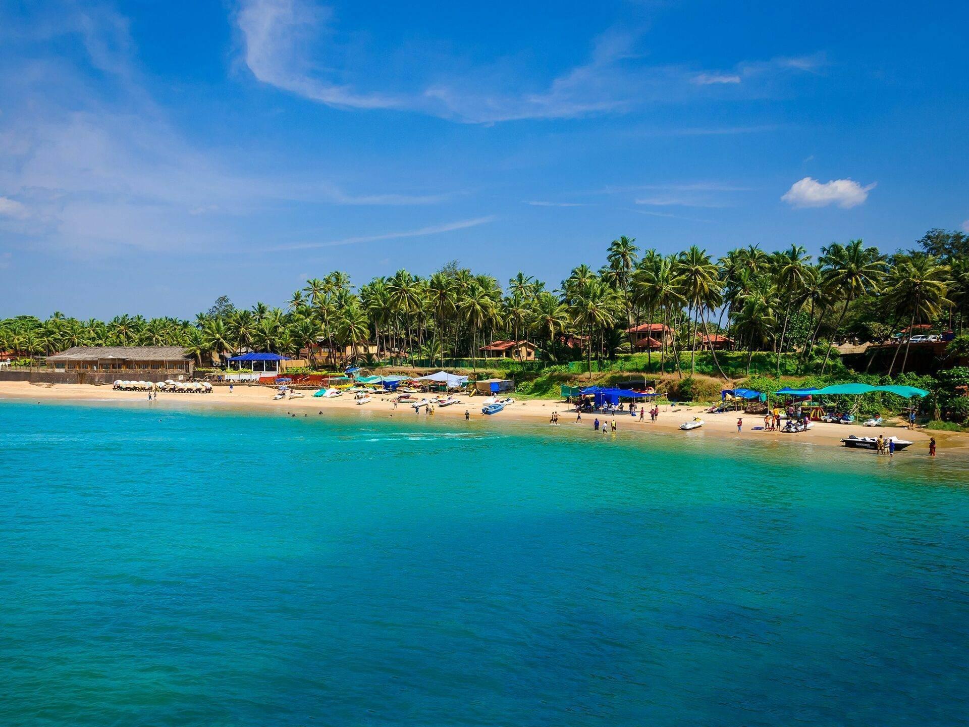 Una spiaggia tropicale con sabbia bianca, acqua turchese, palme e piccoli rifugi blu sotto un cielo sereno