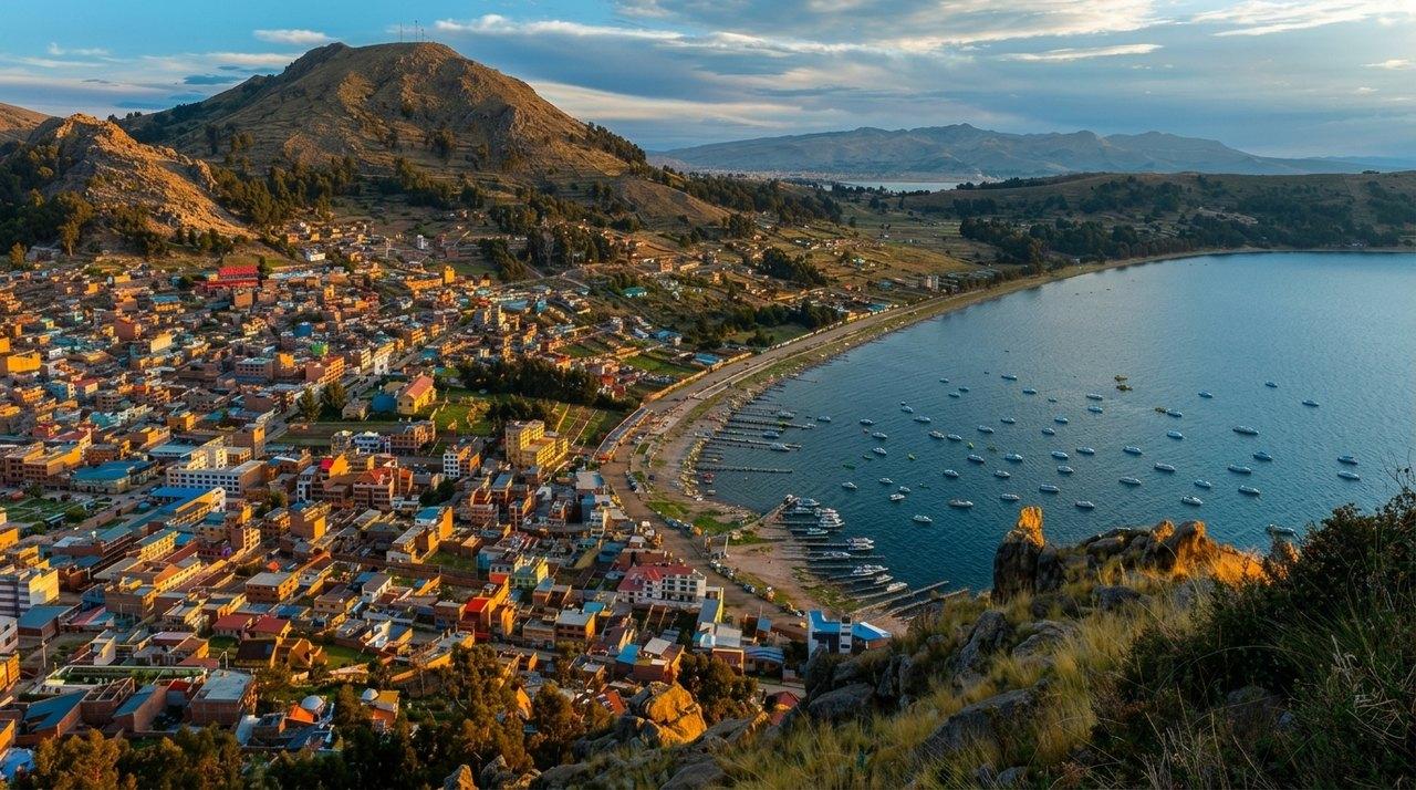 Veduta aerea di una città colorata sul bordo di un lago d’alta quota con montagne, barche da pesca e case tradizionali