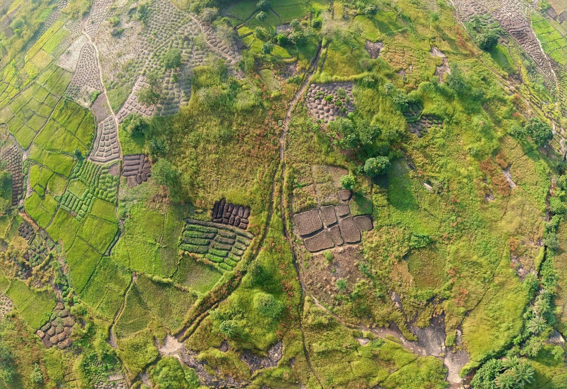 Vista aerea di terreni agricoli in pendio con campi coltivati, foresta fitta e piccoli villaggi sparsi nell’Africa occidentale