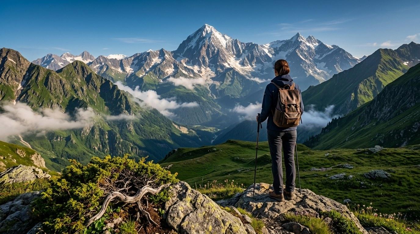 Wanderin mit Rucksack bewundert ein Panorama aus schneebedeckten Bergen und grünen Tälern