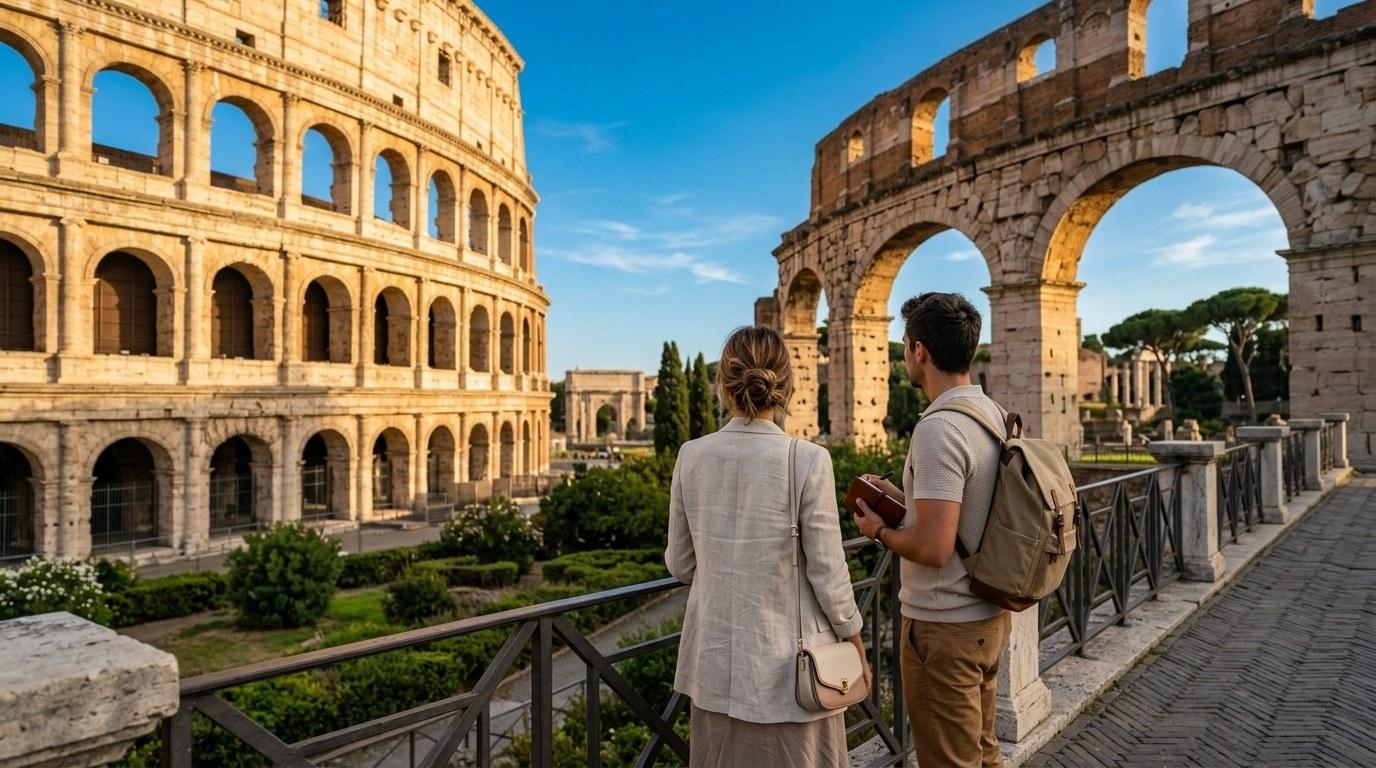 Zwei Touristen bewundern die Ruinen eines antiken Amphitheaters mit monumentalen Bögen unter wolkenlosem Himmel