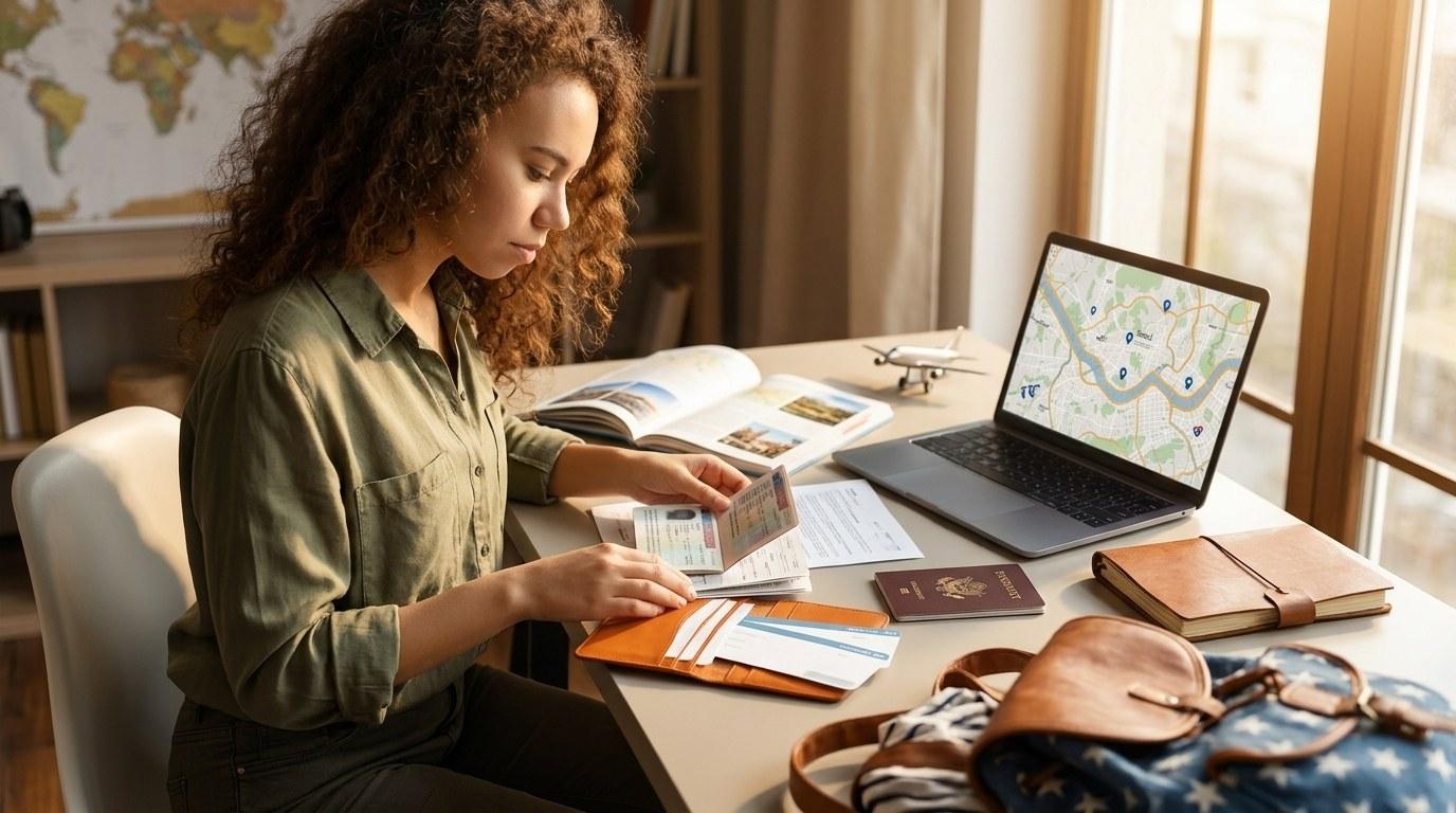 A woman plans her trip by consulting a map on her laptop, with documents and a passport on her desk