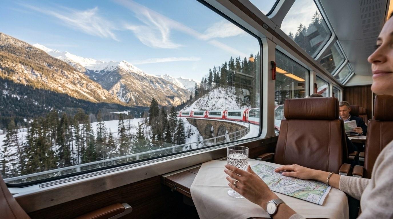 Passeggera che osserva le montagne innevate dal finestrino di un treno panoramico che attraversa una valle alpina invernale