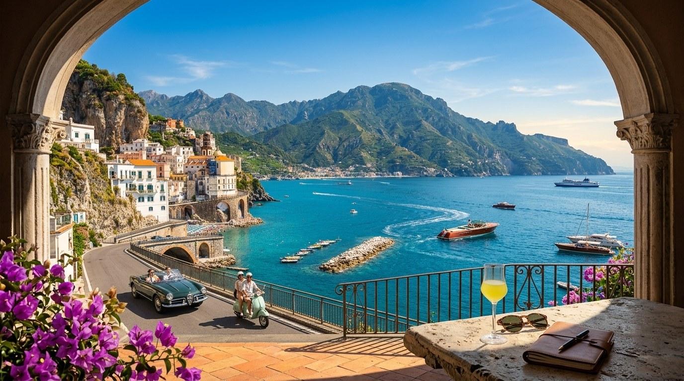Vista desde un arco sobre un pueblo costero italiano con casas de colores, mar turquesa y barcos